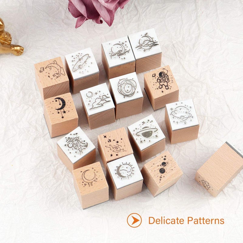 RisyPisy 16 Pieces Vintage Wooden Rubber Stamps, Universe & Galaxy Scrapbooking Decorative Rubber Stamp Set, Wood Mounted Rubber Stamps for Crafting Arts and Crafts, Journals, Card Making - Image 4